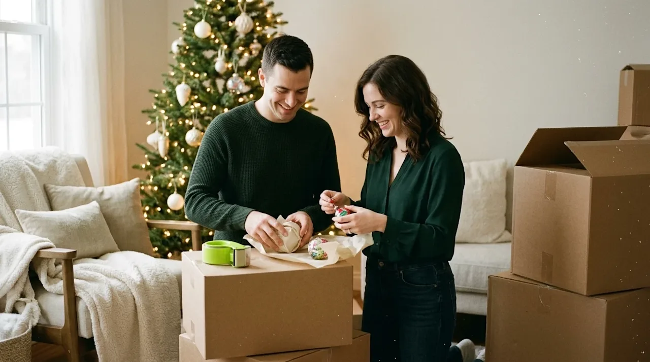 Candid 35mm film photography of a family preparing for a move during the holiday season. A warmly lit, cozy living room featu