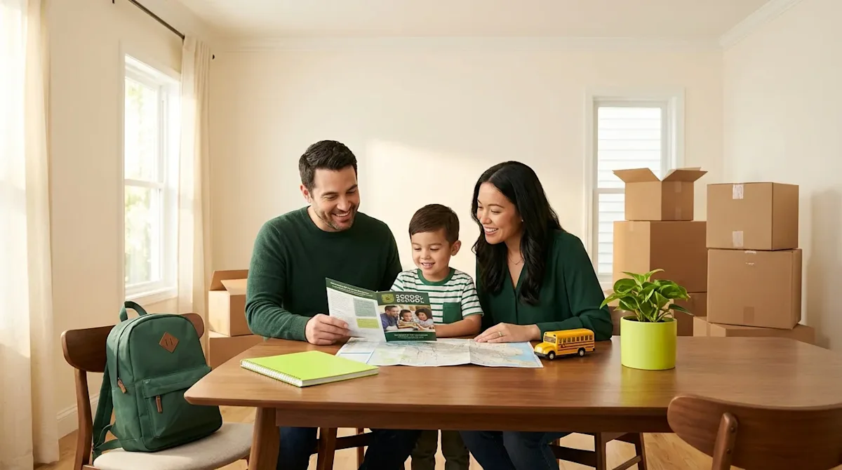 A happy family planning a school relocation with moving boxes and a school brochure in a bright living room.