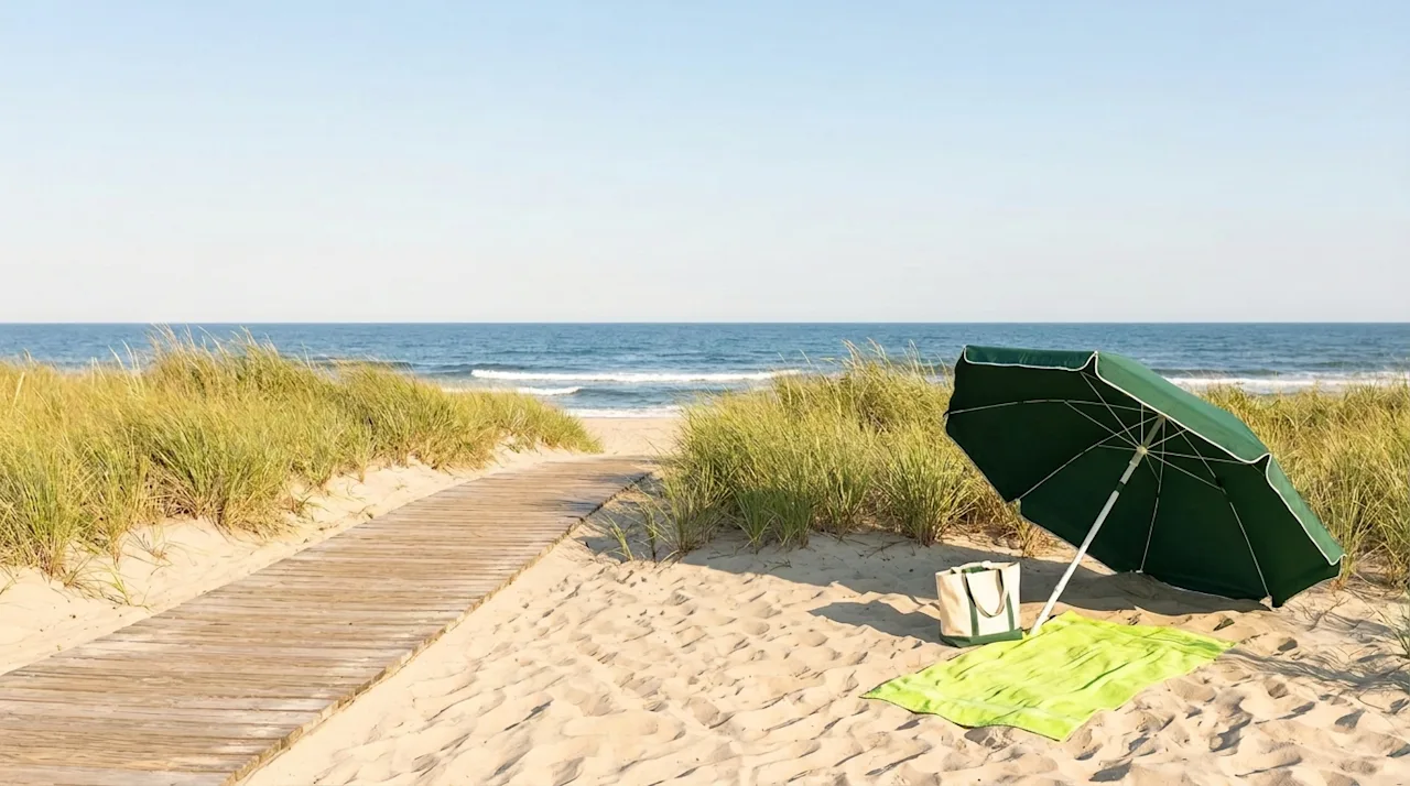 Beach gear on a sunny New Jersey beach near a wooden boardwalk and sand dunes.