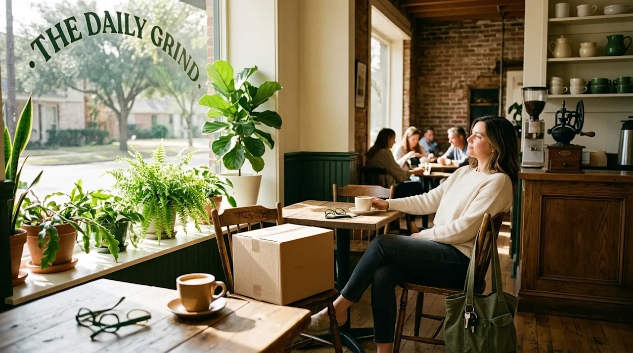 Lifestyle photograph of a cozy, sunlit cafe interior in Houston, taking a relaxing coffee break during a move. In the foregro
