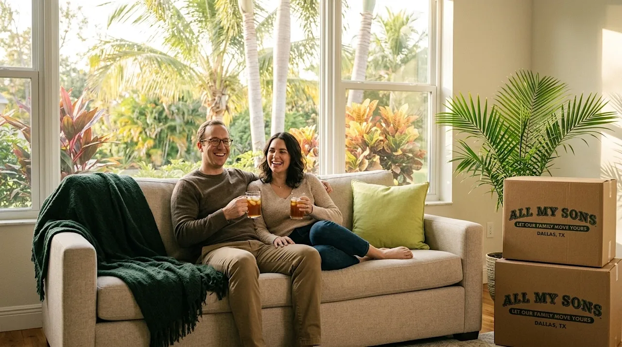 Professional lifestyle photography of a happy couple relaxing comfortably on a beige sofa in a bright, airy living room after