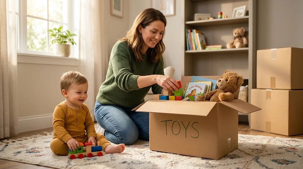 Professional lifestyle photography of a brightly lit, cozy toddler bedroom currently being packed for a moving day. A caring