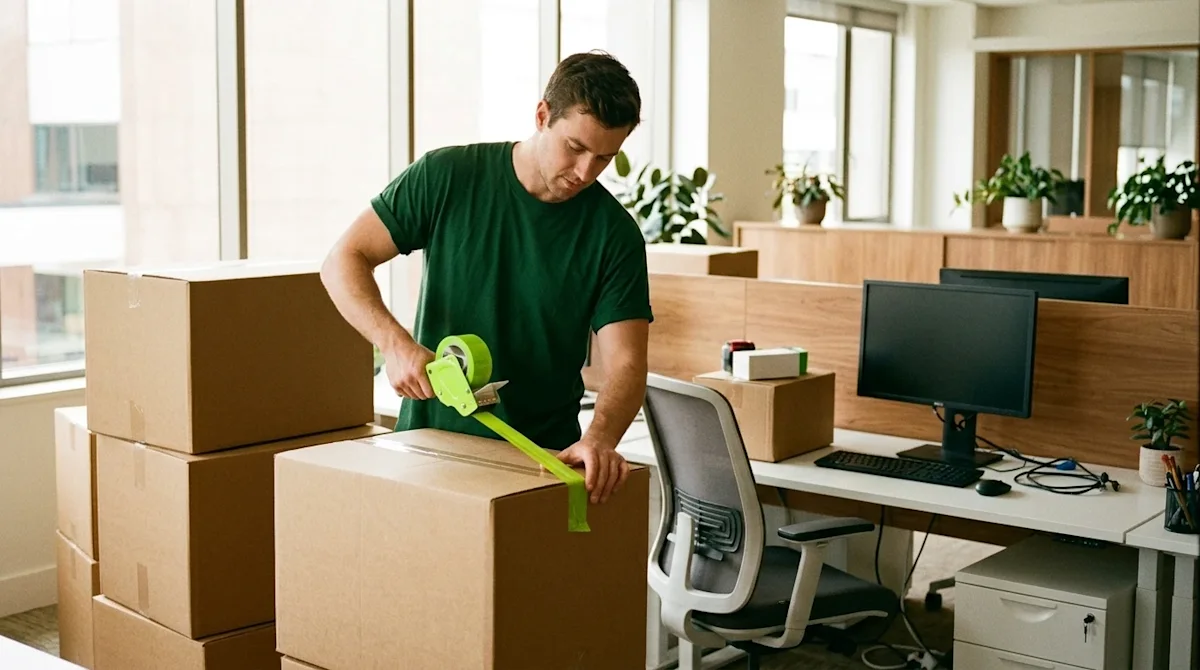 Candid 35mm film photography of an efficient office relocation in progress. A professional mover wearing a solid deep forest