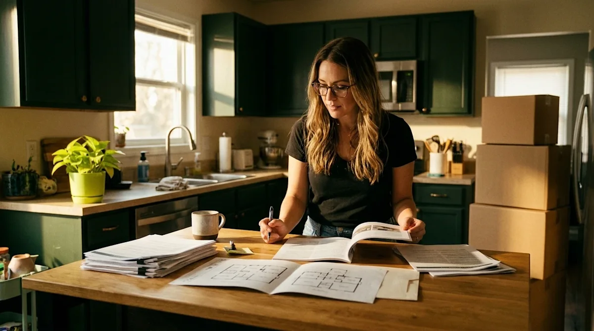 A candid, authentic 35mm lifestyle photograph of a confident homeowner standing in a sunlit, warm-toned kitchen, reviewing re