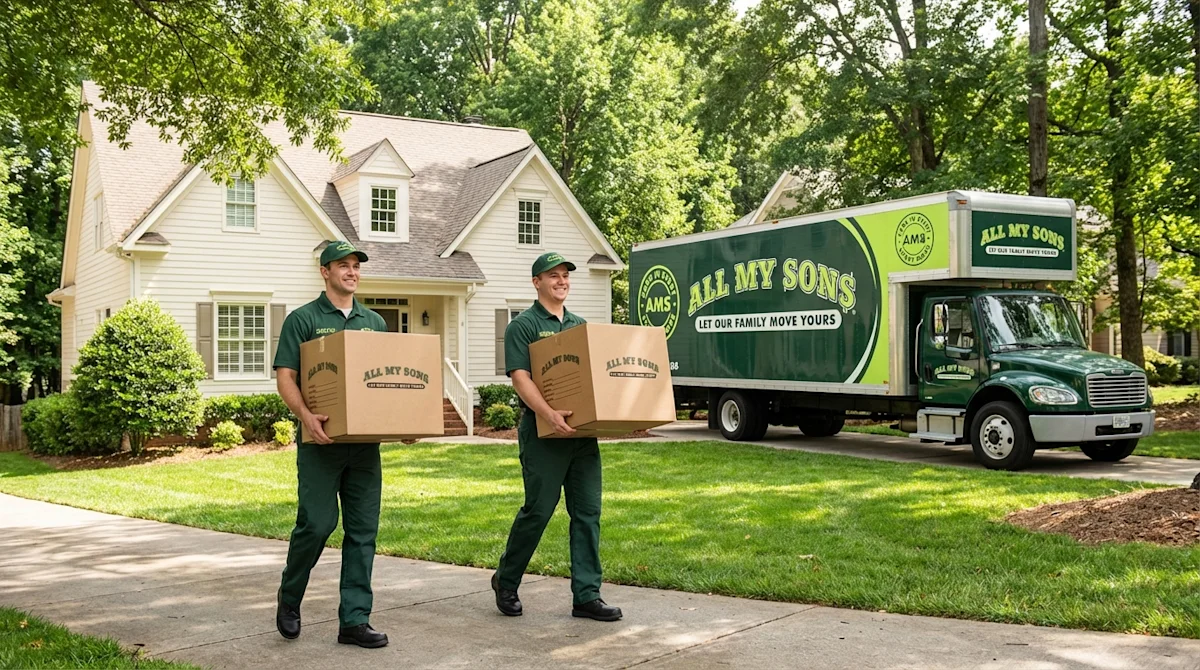 All My Sons professional movers carrying boxes to a home in a leafy Charlotte neighborhood with a moving truck.