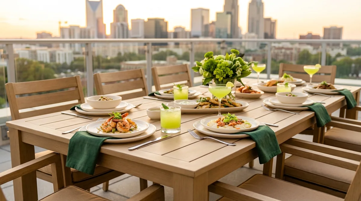 Southern dining on a rooftop patio overlooking the Charlotte North Carolina skyline at sunset