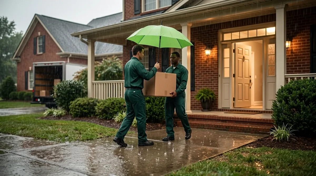 Clear and professional marketing photography of a rainy moving day at a charming, traditional suburban home in Murfreesboro.