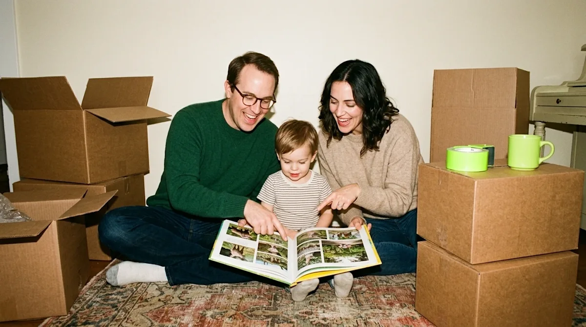 Candid, 35mm film-style lifestyle photography of a joyful family taking a break from unpacking in a cozy, cream-walled living