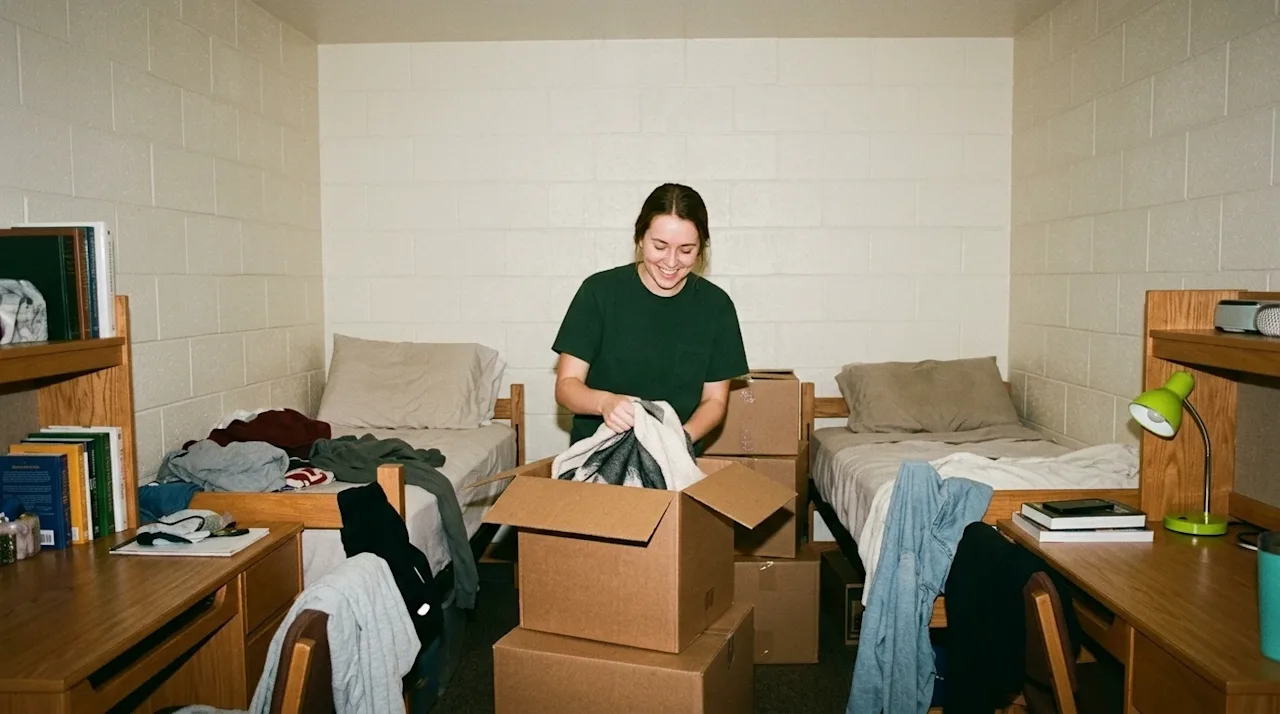 Candid 35mm film photography of a young adult college student happily unpacking typical brown cardboard moving boxes inside a