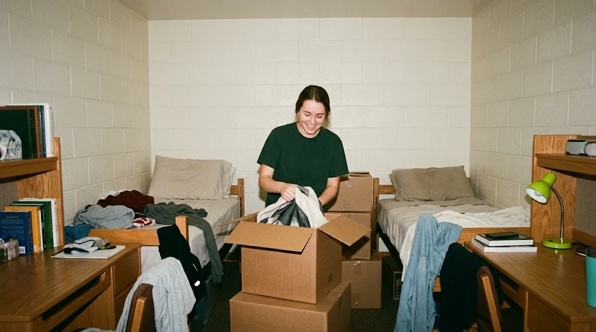 Candid 35mm film photography of a young adult college student happily unpacking typical brown cardboard moving boxes inside a