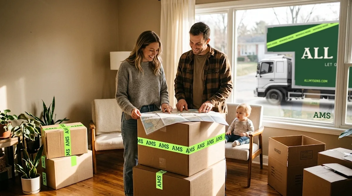 A high-quality lifestyle photograph of a couple preparing for a long cross-country move. They are standing in a warm, sunlit