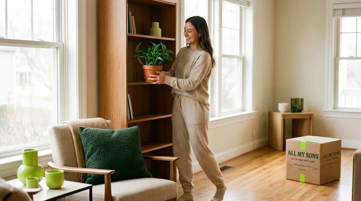 A welcoming, candid lifestyle photograph of a freshly organized, sunlit living room capturing the joyful feeling of having ju