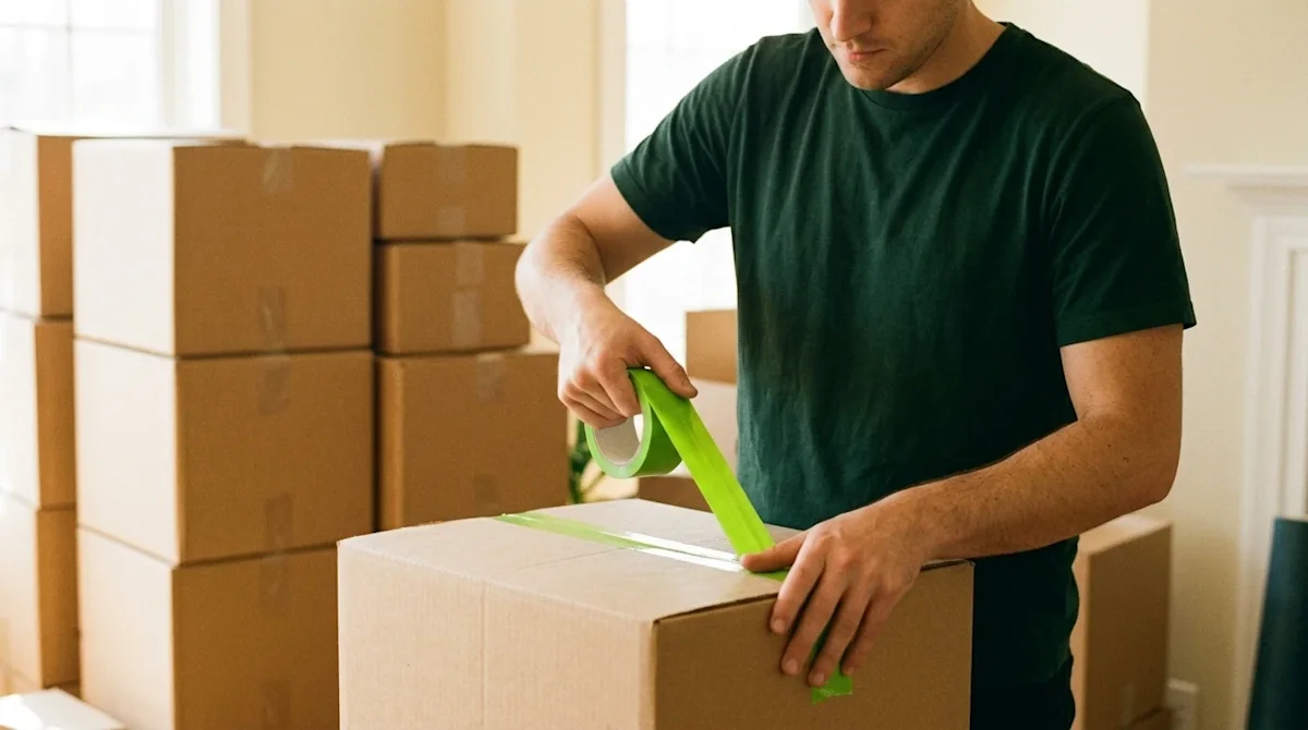 Candid, authentic lifestyle photography of a highly efficient packing process for a home move. A focused person in a casual d