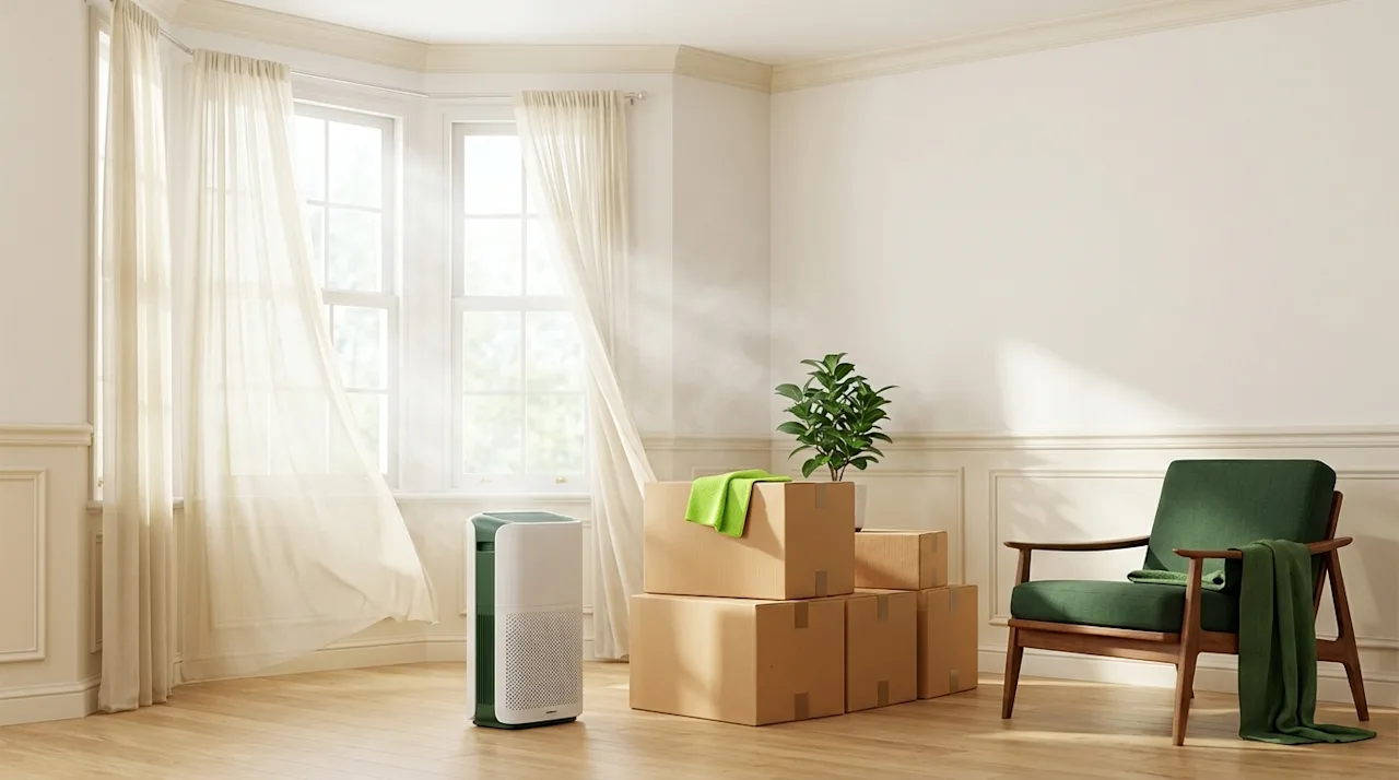 Stacked moving boxes sit by a window with sheer curtains, next to a green chair, plant, and air purifier in a bright, empty room.