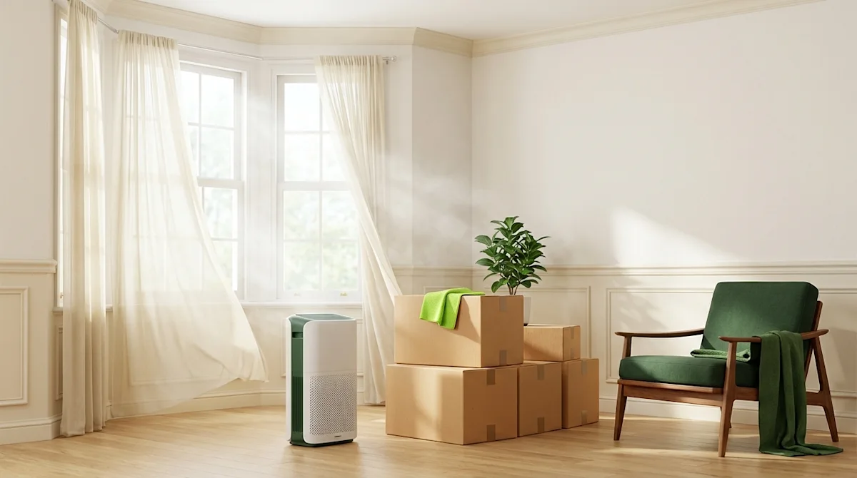 Stacked moving boxes sit by a window with sheer curtains, next to a green chair, plant, and air purifier in a bright, empty room.