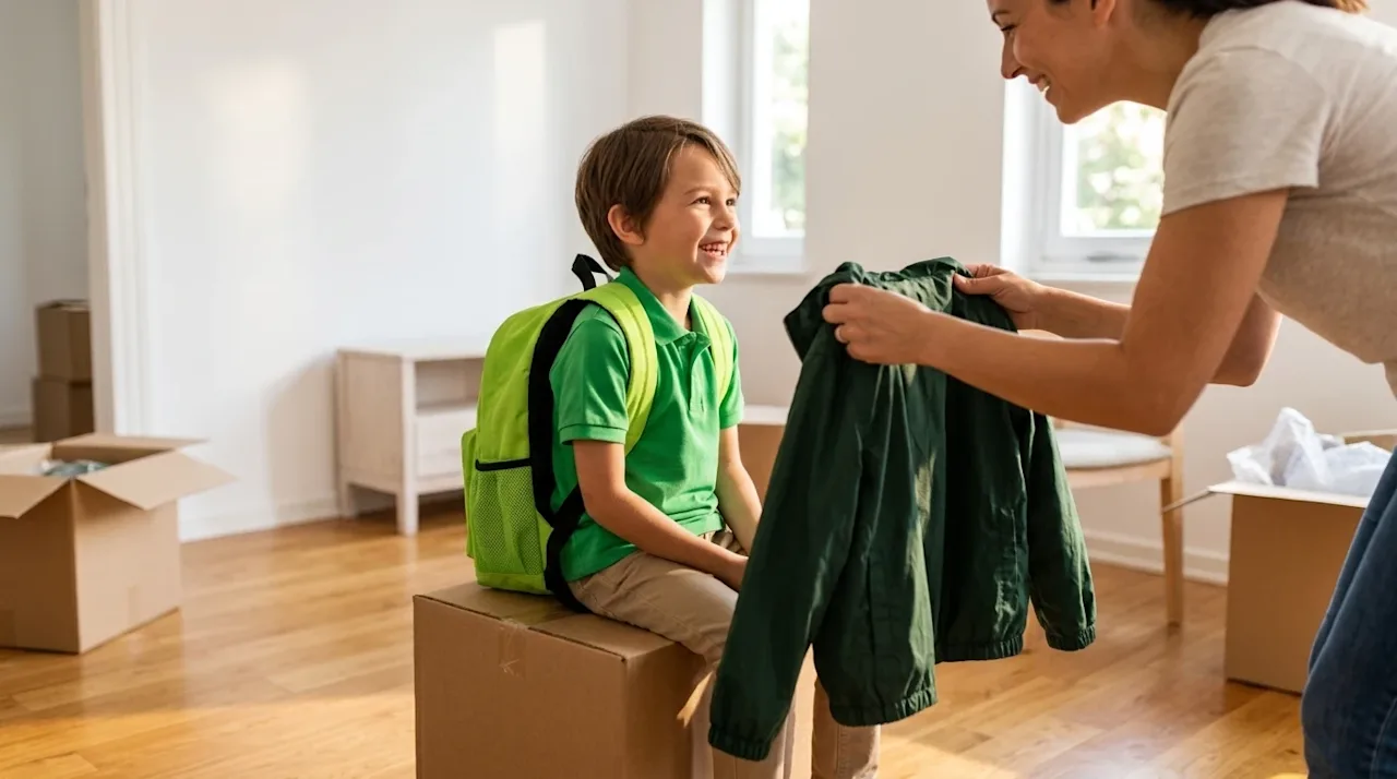 Professional lifestyle marketing photograph of a smiling, excited elementary-aged child getting ready for their first day at