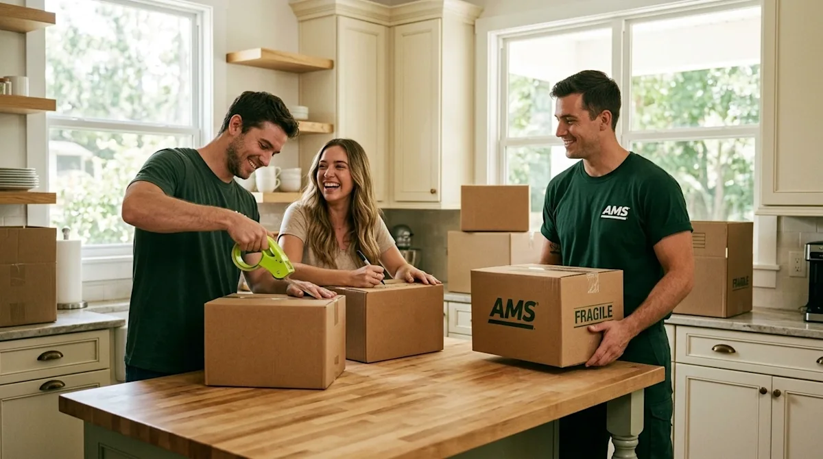 Authentic candid lifestyle photography of a professional mover working alongside a smiling couple in a bright, sun-drenched h