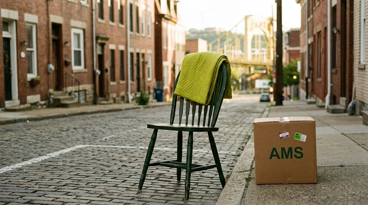 A candid, vintage-style 35mm photograph capturing a uniquely Pittsburgh tradition. A weathered, dark forest green wooden chai