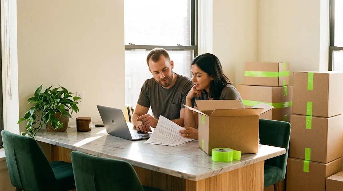 A warm, candid lifestyle photograph of a casually dressed couple sitting at a kitchen island in a sunlit apartment, thoughtfu