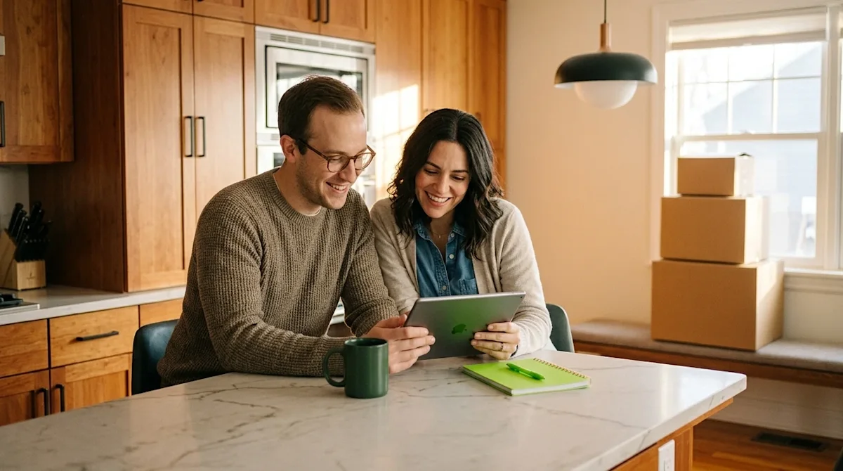 Professional marketing lifestyle photography of a smiling couple sitting at a modern kitchen island, looking relieved and hap
