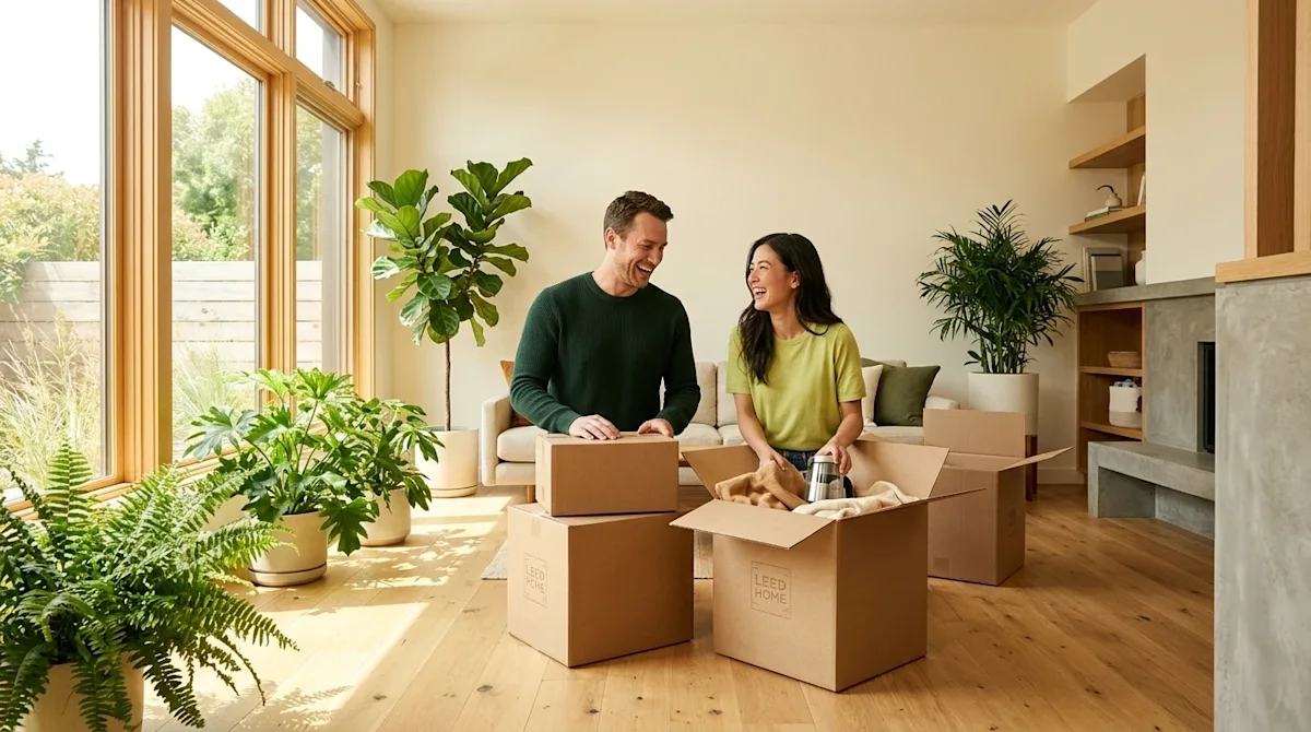 Professional marketing photography of a happy couple unpacking in their new modern, eco-friendly LEED-certified home. The bri