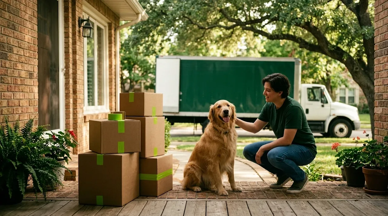A warm, candid lifestyle photograph of a happy golden retriever sitting beside a stack of brown cardboard moving boxes on the