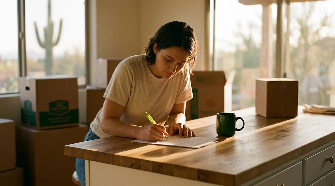 A warm, candid lifestyle photograph of a person taking a break from unpacking to fill out an official document at a sunlit ki