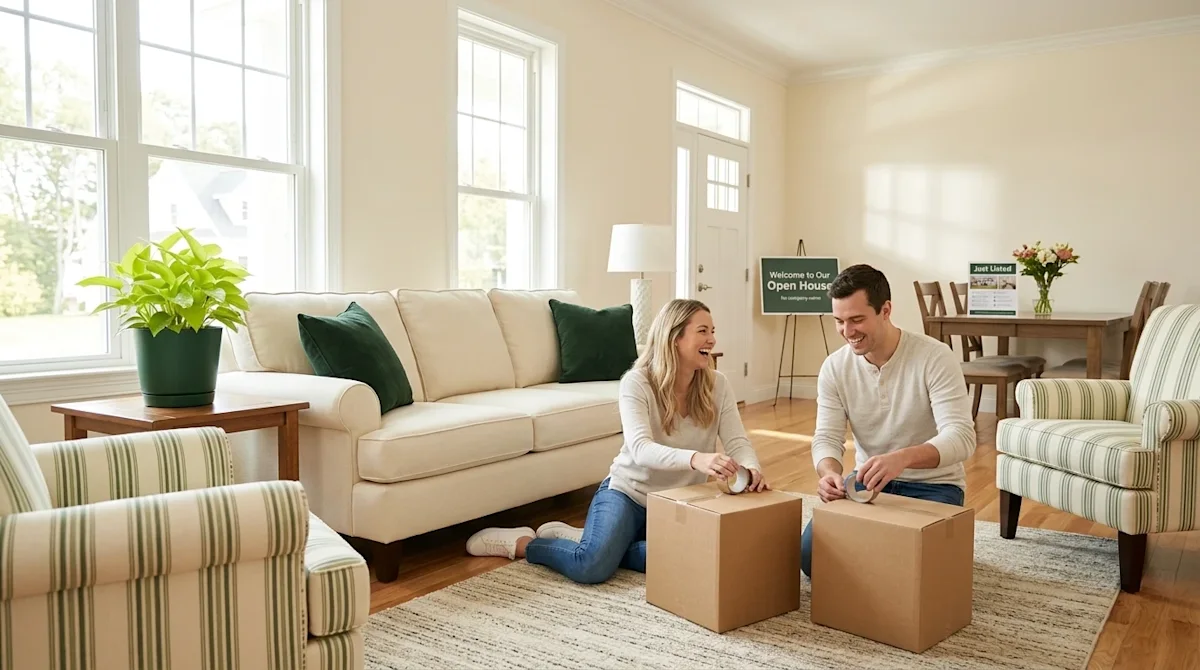 Professional marketing photography of a bright, beautifully staged suburban living room representing a home being prepped for