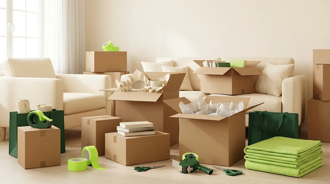 Open moving boxes with bubble wrap and neatly packed dishes alongside green packing tape and folded blankets.