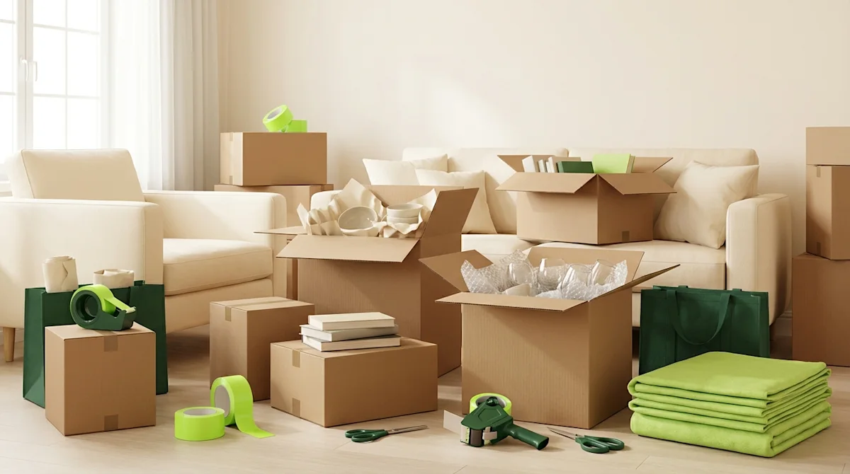 Open moving boxes with bubble wrap and neatly packed dishes alongside green packing tape and folded blankets.