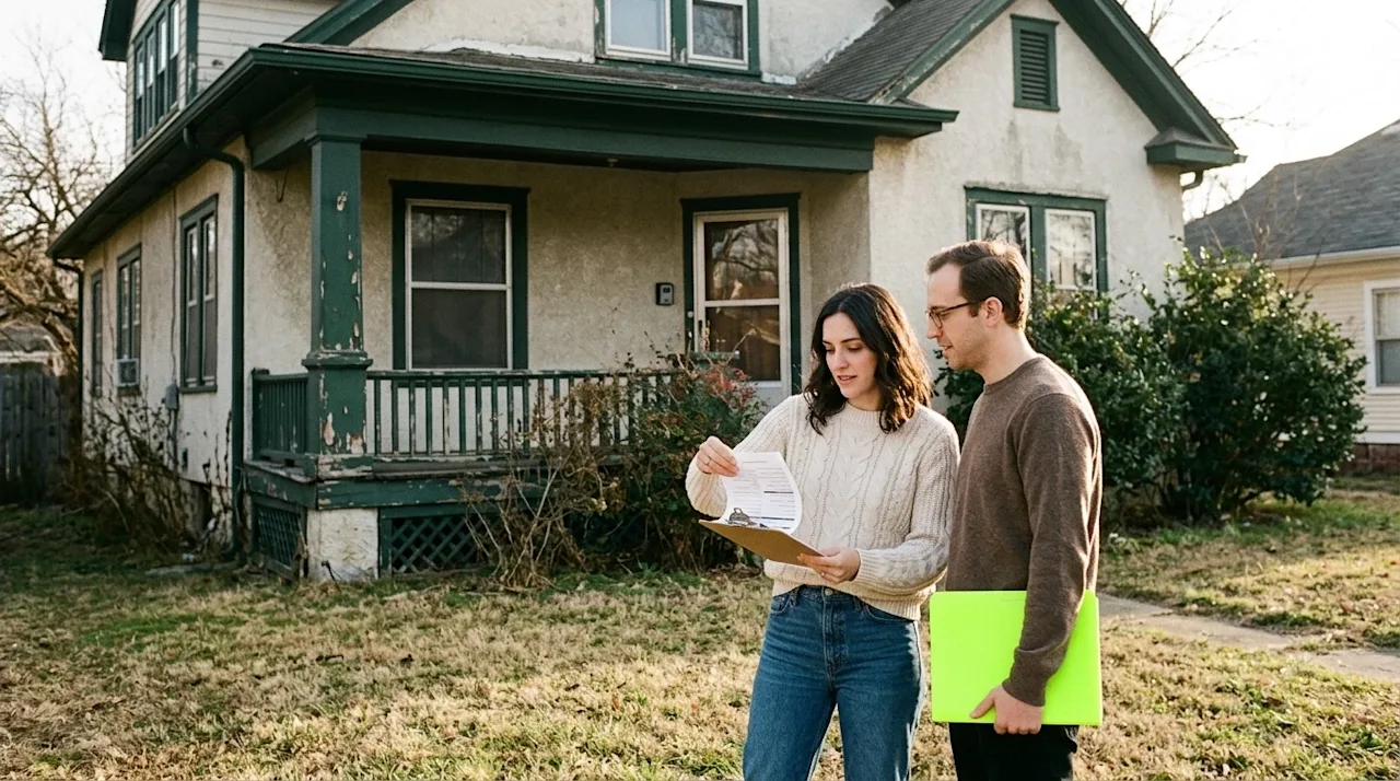Authentic 35mm film lifestyle photography of a young couple standing in the front yard, looking thoughtfully at an older, sli