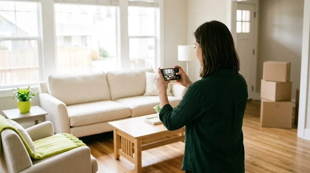 A candid, high-quality lifestyle photograph of an individual taking a picture of a beautifully staged living room with a smar