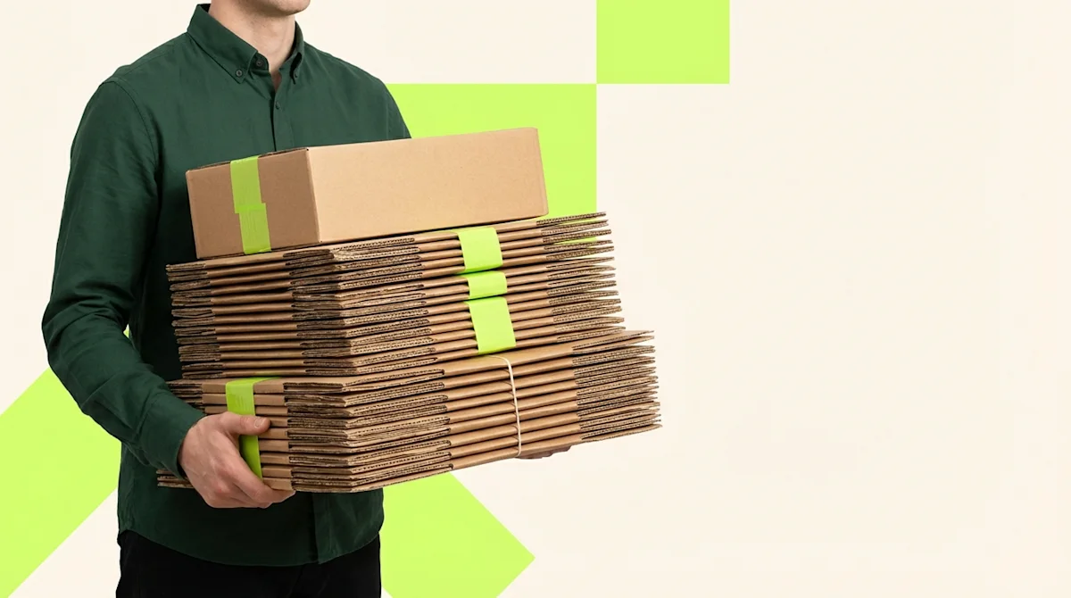 Person in green shirt carrying a stack of flattened recycled cardboard boxes for moving against a cream background.