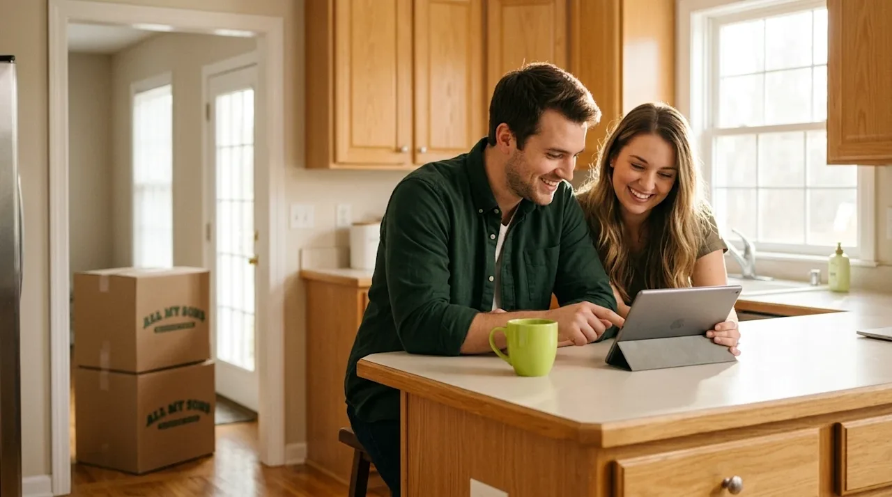 Professional marketing photography of a smiling young couple sitting together at a wooden kitchen island in a brightly lit, c