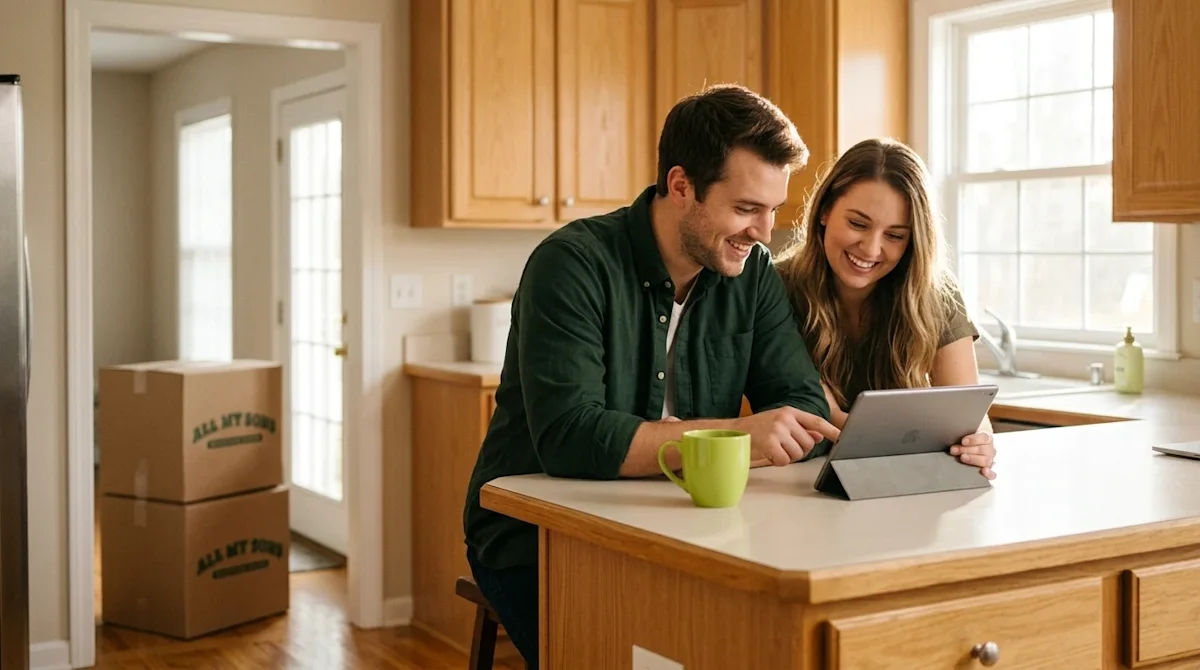Professional marketing photography of a smiling young couple sitting together at a wooden kitchen island in a brightly lit, c