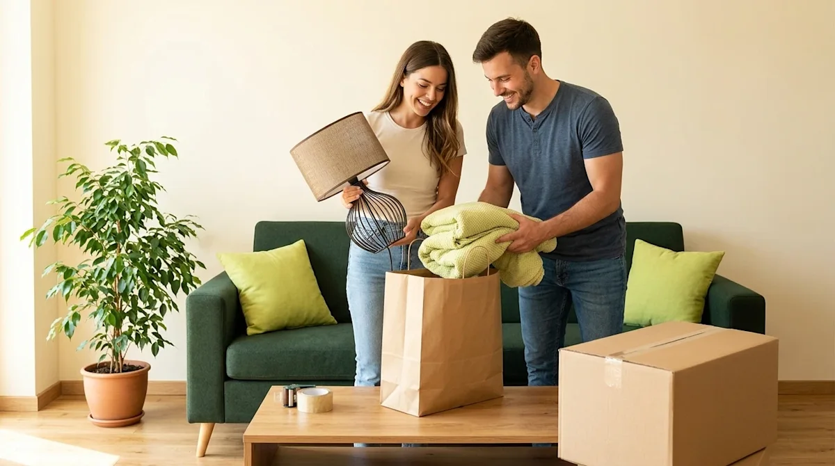Clear, professional marketing photography of a smiling couple in a modern, sunlit living room preparing for a move with new h