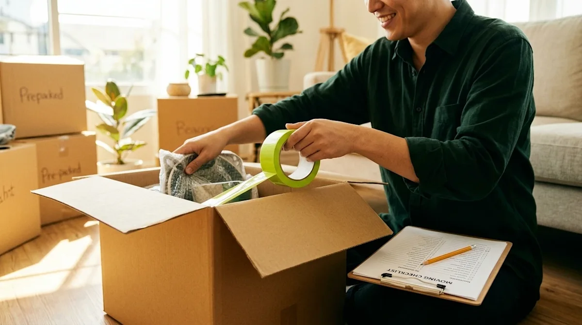 A smiling person is neatly packing and organizing household items in a moving box.