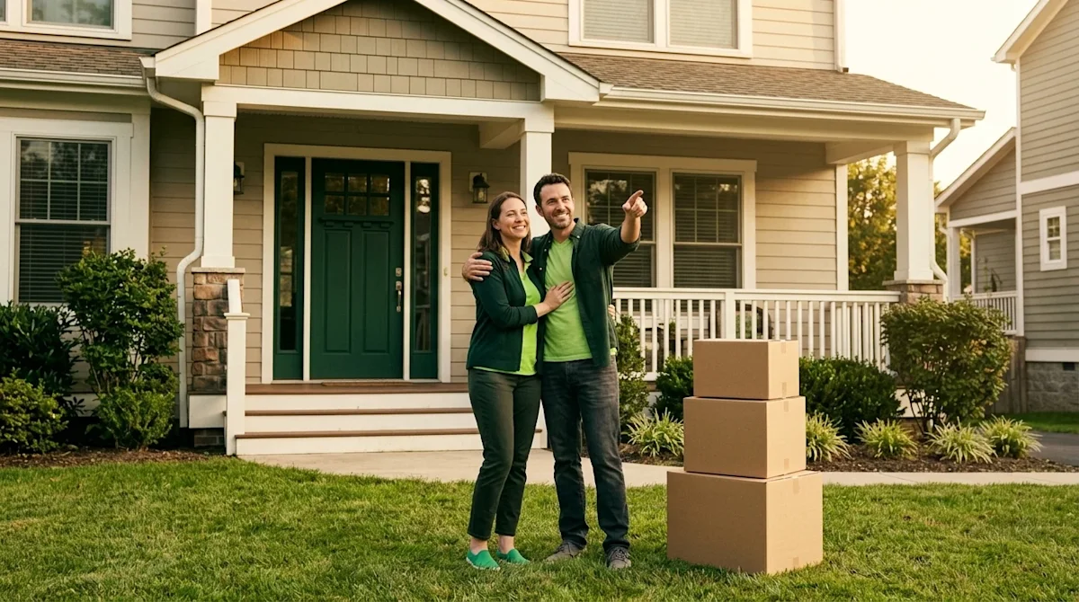 High-quality editorial lifestyle photography of a happy couple standing proudly on the front lawn of a beautiful, welcoming s