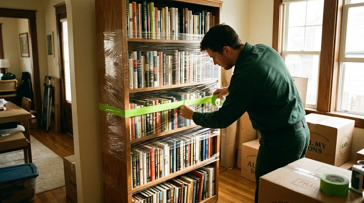 Candid 35mm film photography of movers carefully preparing a tall, fully stocked wooden bookshelf for a move. The scene takes