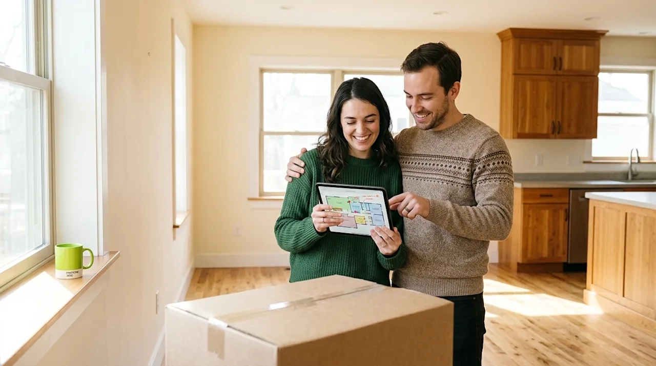 Clear and professional marketing photography of a smiling young couple standing in the bright, sunlit empty living room of th