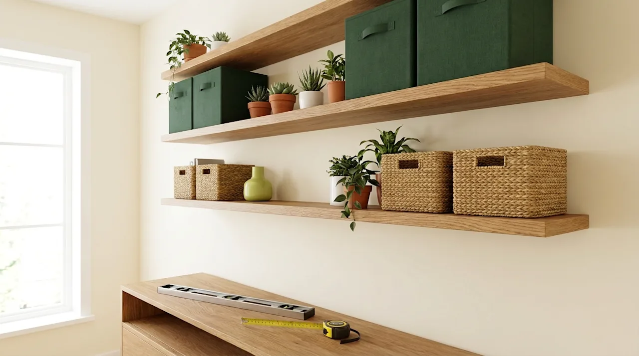 Organized floating wooden shelves with green bins, woven baskets, and DIY tools for home installation.