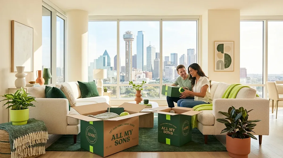Couple unpacking in a modern Dallas high-rise with Reunion Tower views and All My Sons moving boxes.