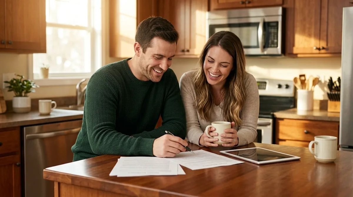 Professional marketing photography, clear and unframed. A candid, relatable lifestyle shot of a happy couple sitting together