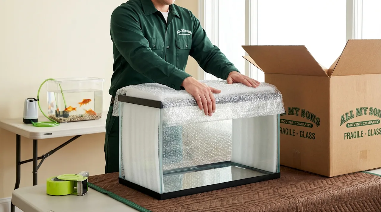 All My Sons mover carefully packing a glass aquarium with bubble wrap and foam for safe transport.