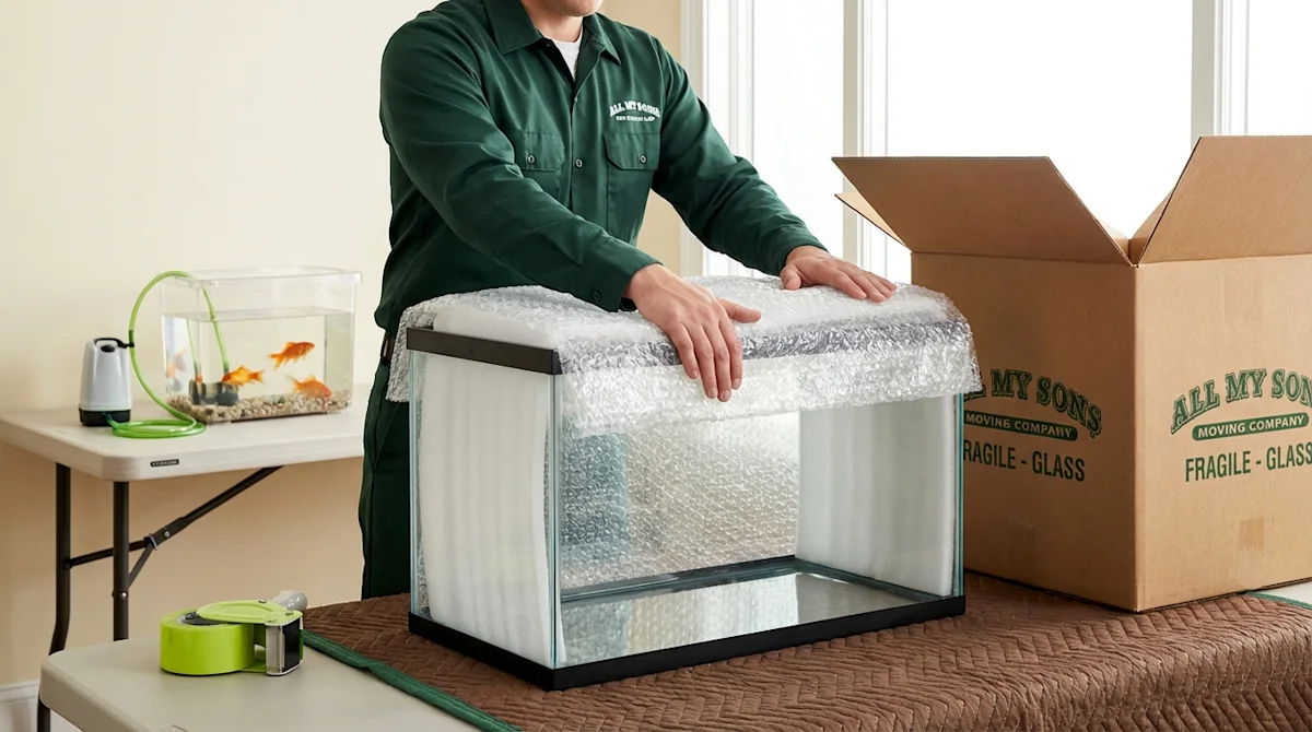 All My Sons mover carefully packing a glass aquarium with bubble wrap and foam for safe transport.