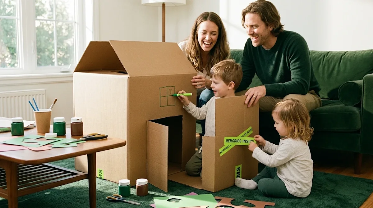 Professional marketing photography, eye-level candid shot of a happy family creatively repurposing a cardboard moving box in