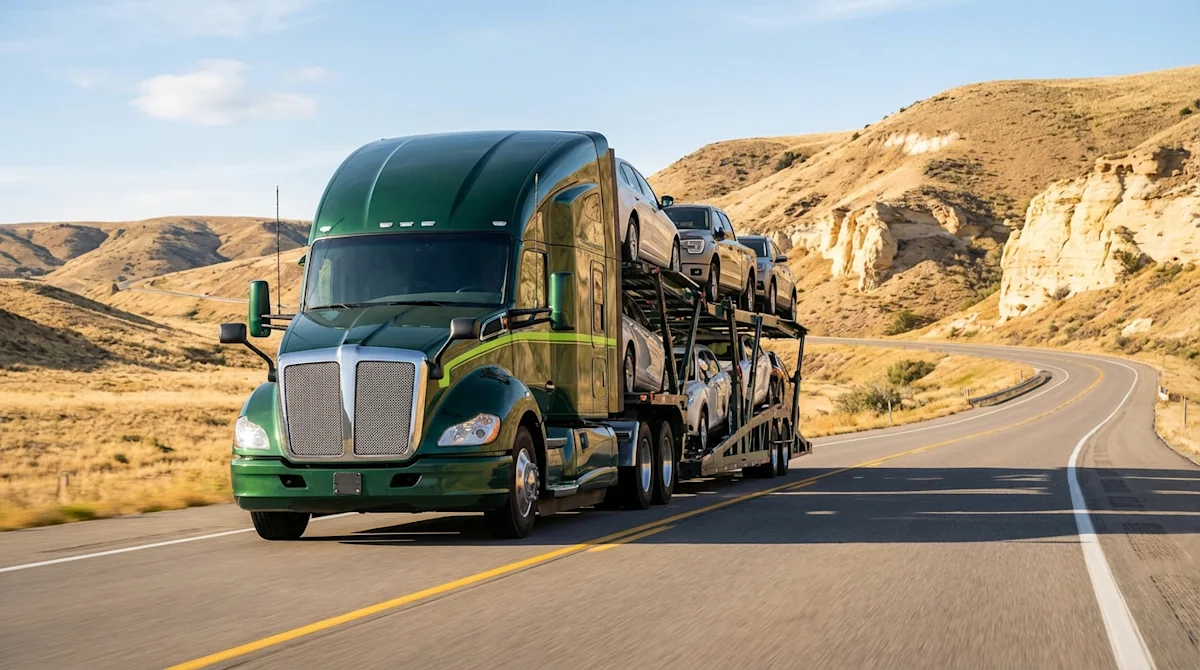 Green auto transport truck hauling cars on a scenic highway during professional vehicle shipping.