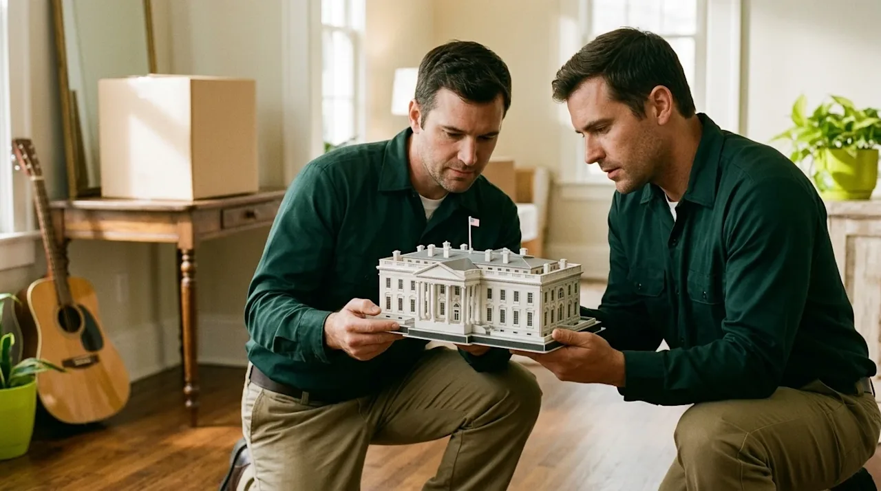 A candid, authentic lifestyle photograph shot on 35mm film. Two professional movers wearing dark forest green uniform work sh