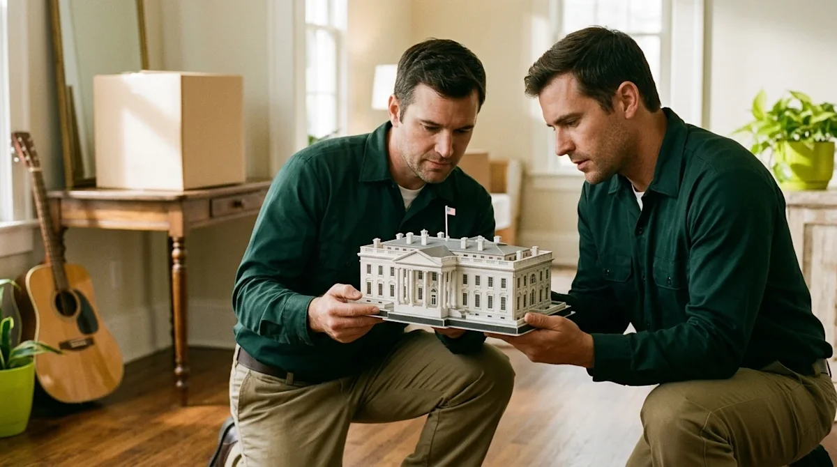 A candid, authentic lifestyle photograph shot on 35mm film. Two professional movers wearing dark forest green uniform work sh
