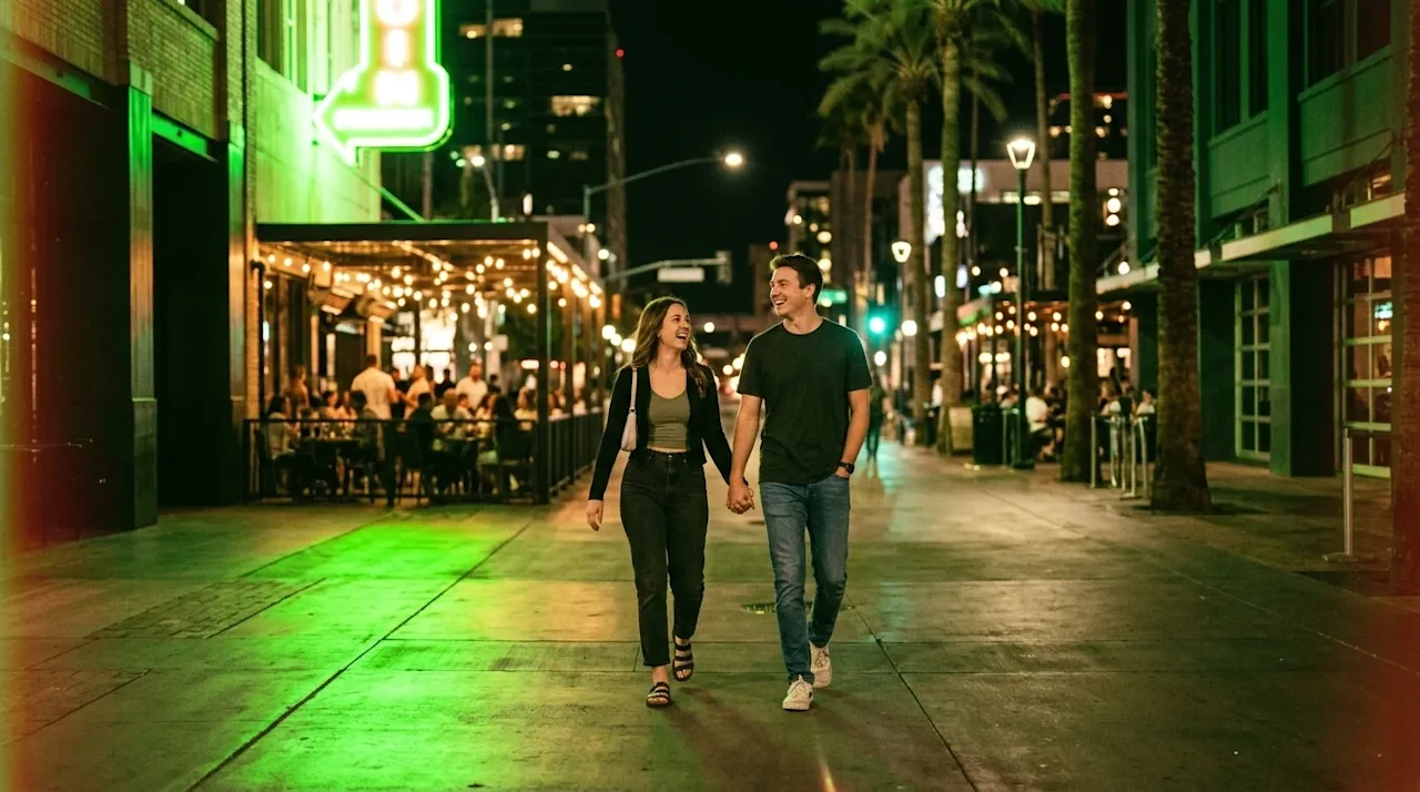 Candid lifestyle photography of a vibrant nightlife scene in downtown Phoenix. A happy young couple walking down a bustling c